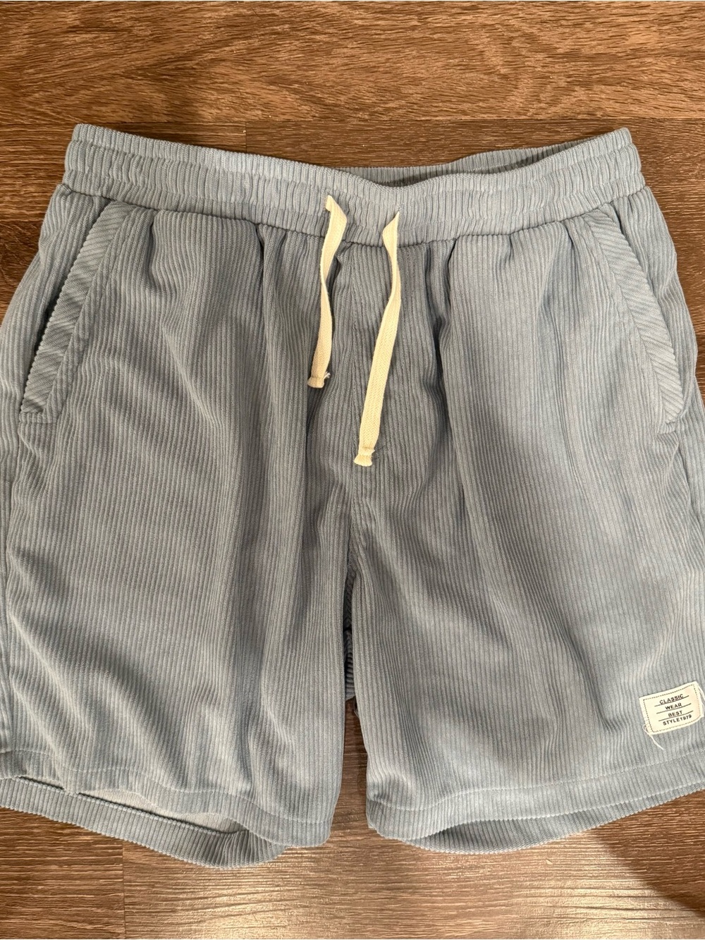 Classic Light Gray Corduroy Shorts with Cream Patch
